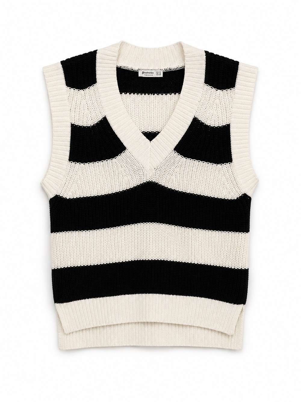 Stradivarius Black & Off White Striped V-Neck Sweater Vest